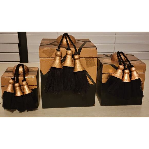 Nesting Boxes-Set of 3-Black & Gold Decoupage-Tassels - Picture 1 of 14